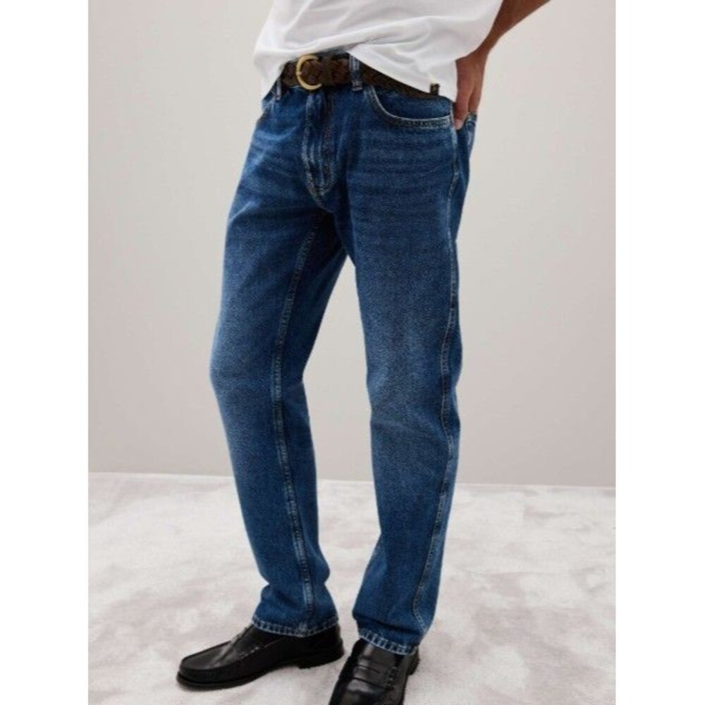 Piombo Men's Blue Denim Light Stretch Button Fly Straight Regular Fit Jeans 36W